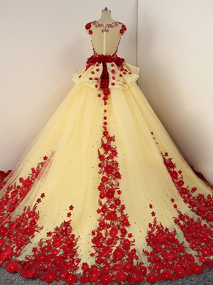 Vestido de fiesta de tul amarillo claro con cuentas y flores para quinceañeras 