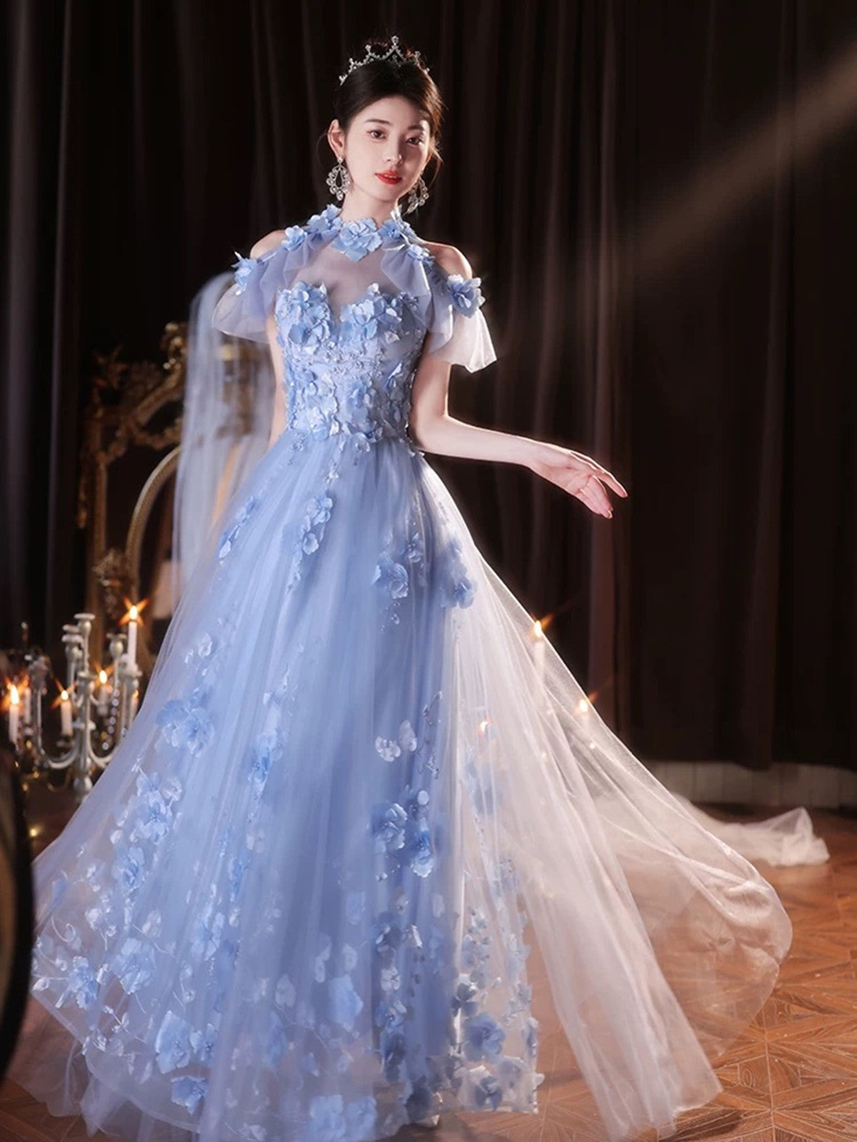 Light Blue Flowers Tulle Party Dress