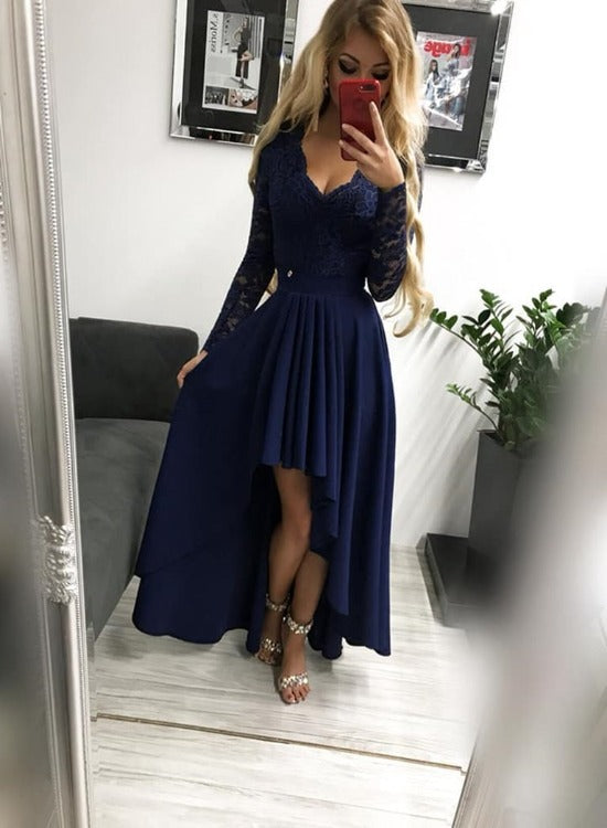 Navy Blue Chiffon and Lace High Low Wedding Party Dress