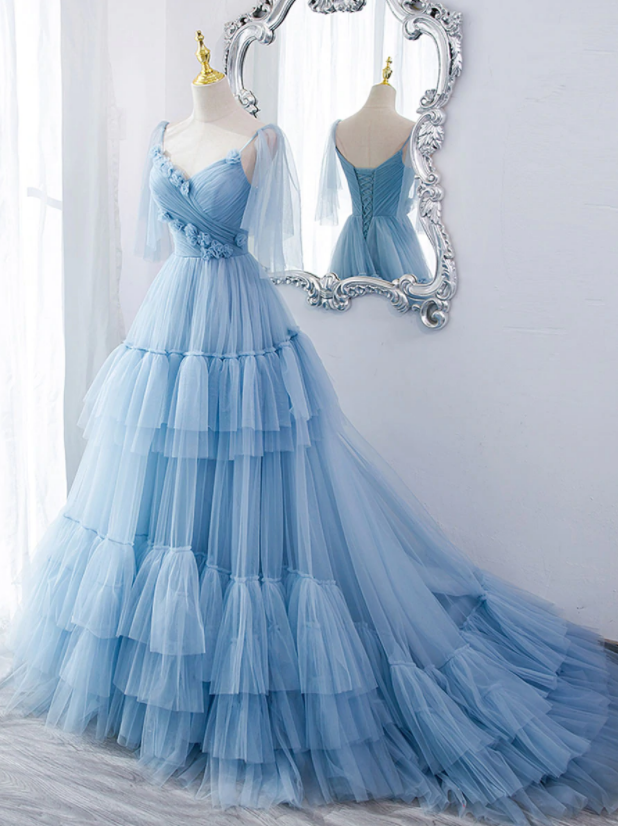 Lovely Light Blue Tulle with Straps Layers Long Formal Dresses