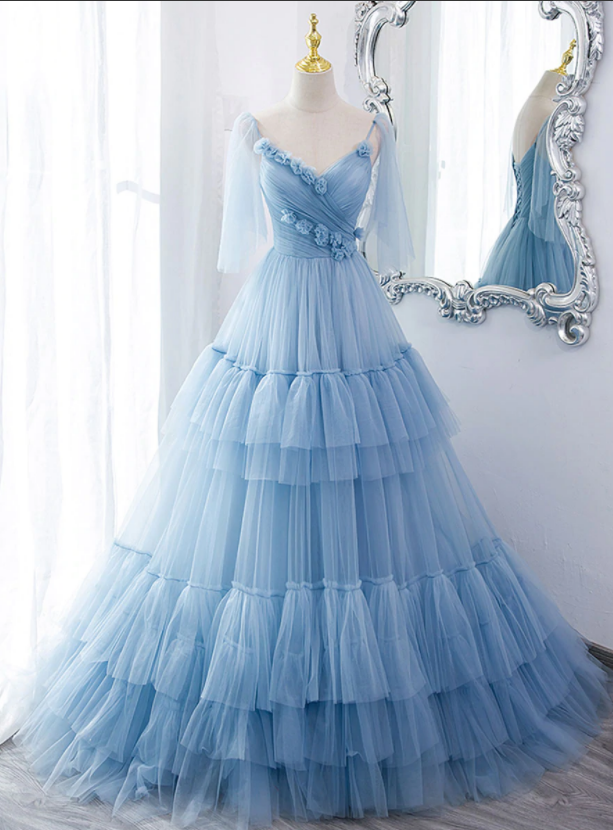 Lovely Light Blue Tulle with Straps Layers Long Formal Dresses
