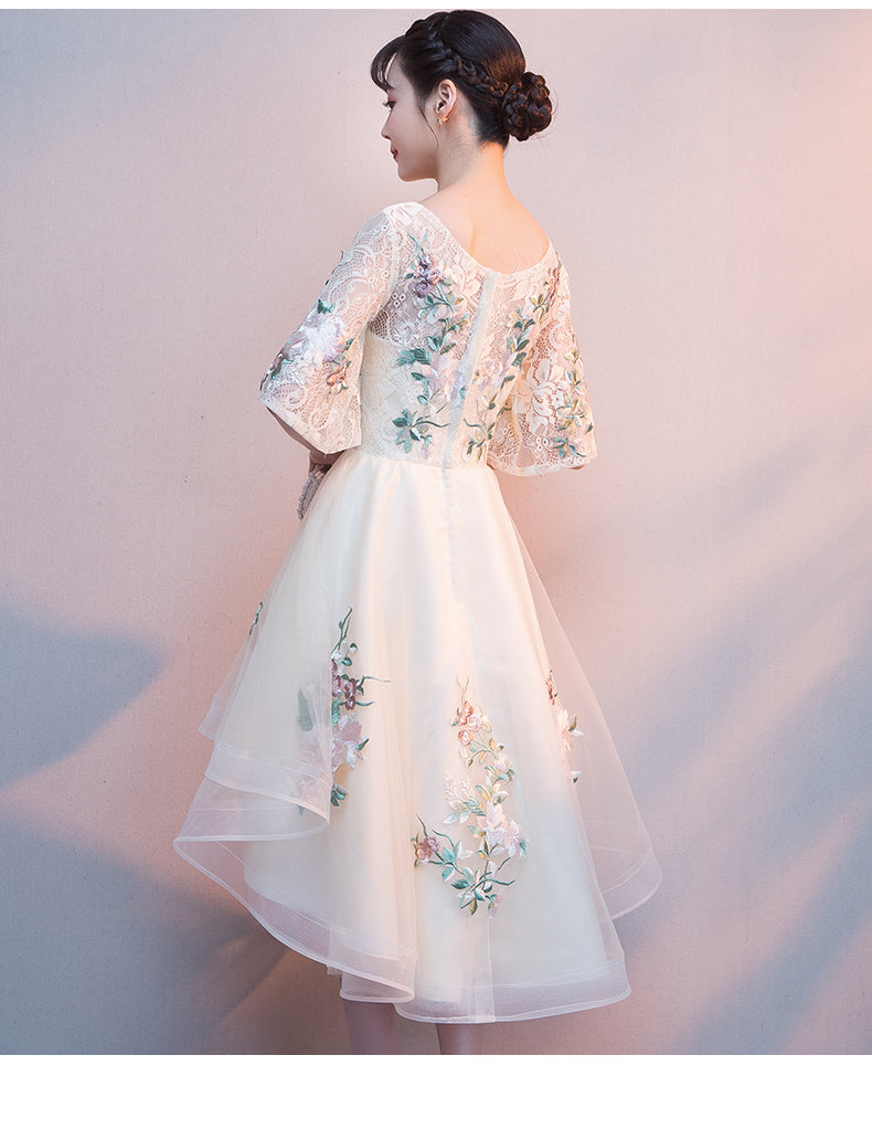 Lovely Light Champagne Tulle with Lace Applique Short Sleeves Party Dresses