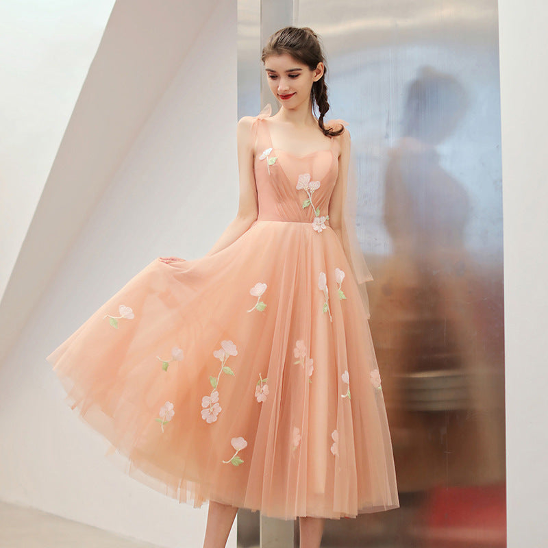 Hermosos vestidos de fiesta de boda de tul rosa perla hasta la rodilla con flores 