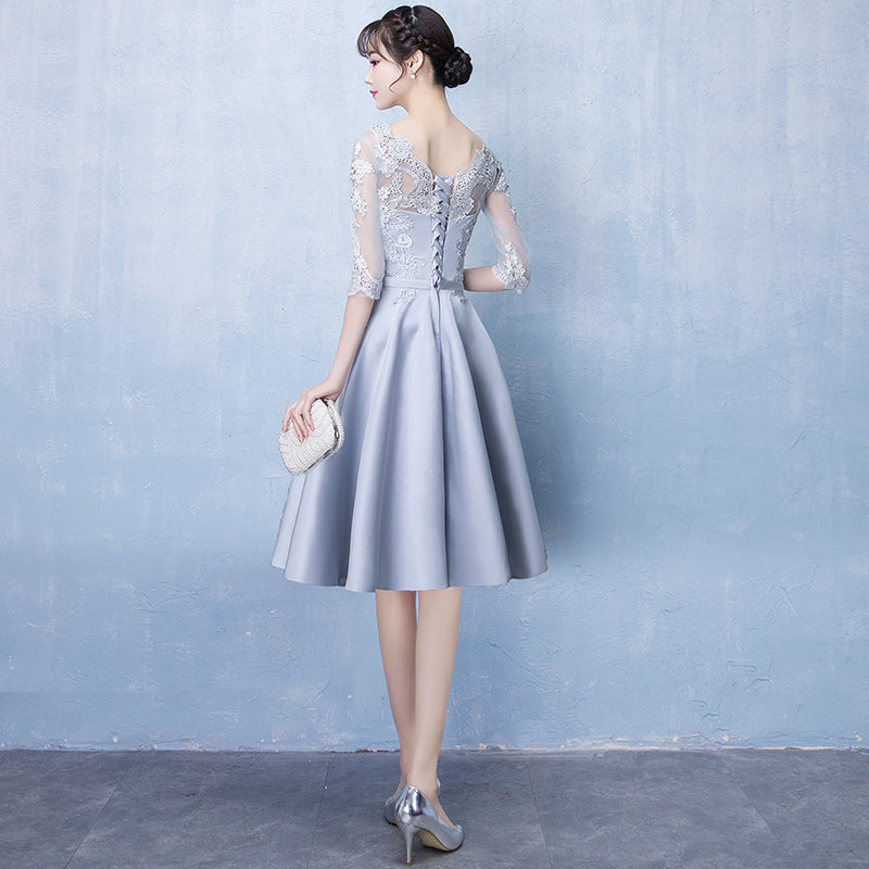 Lovely Sliver Grey Satin and Lace Short Sleeves Homecoming Dress