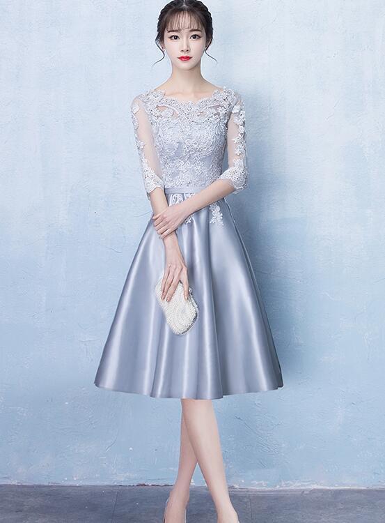 Lovely Sliver Grey Satin and Lace Short Sleeves Homecoming Dress