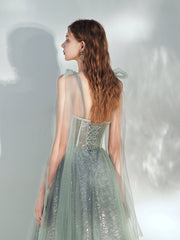Lovely Straps Sweetheart Tulle Shiny Tulle Long Formal Dress