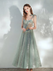Lovely Straps Sweetheart Tulle Shiny Tulle Long Formal Dress