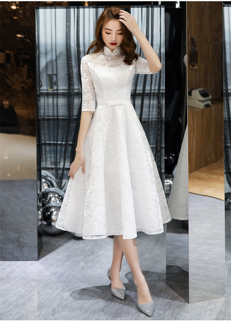 Lovely White Tea Length Lace Simple Short Sleeves Party Dress