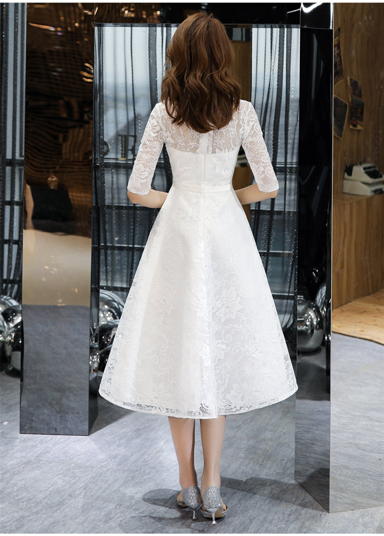 Lovely White Tea Length Lace Simple Short Sleeves Party Dress