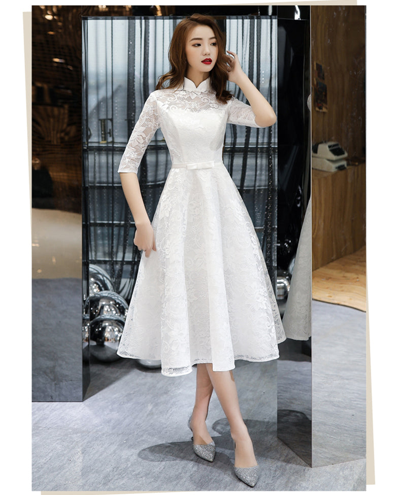 Lovely White Tea Length Lace Simple Short Sleeves Party Dress
