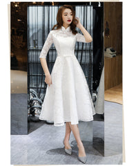Lovely White Tea Length Lace Simple Short Sleeves Party Dress