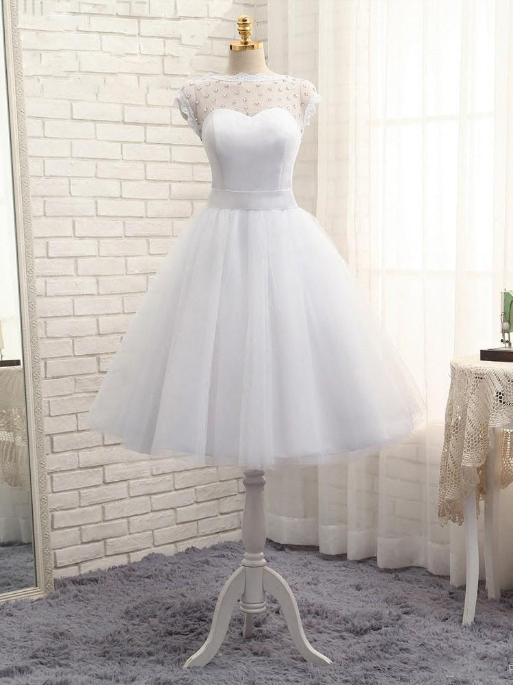 Lovely White Tulle Beaded Short Simple Wedding Party Dress