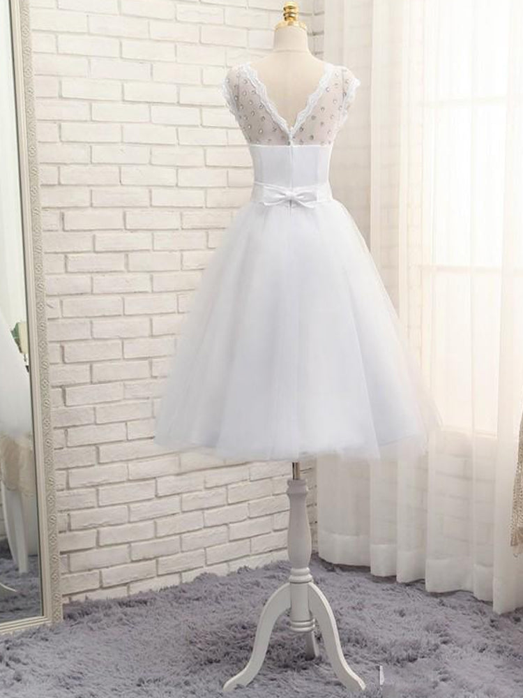 Lovely White Tulle Beaded Short Simple Wedding Party Dress