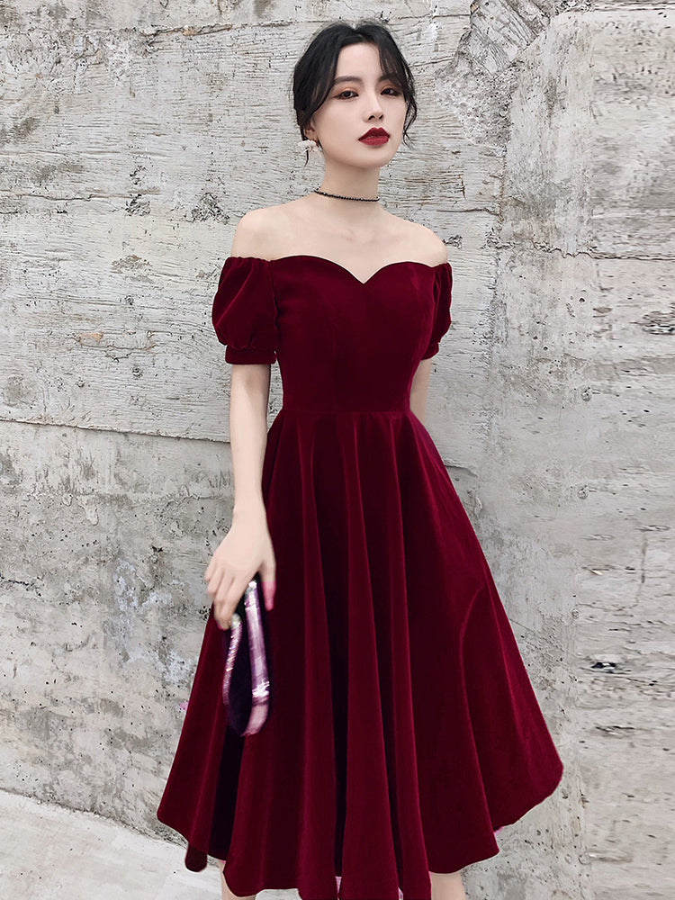 Precioso vestido de fiesta de terciopelo rojo vino con mangas cortas 