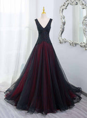 Vestido formal largo con cuentas, escote en V, negro y rojo 