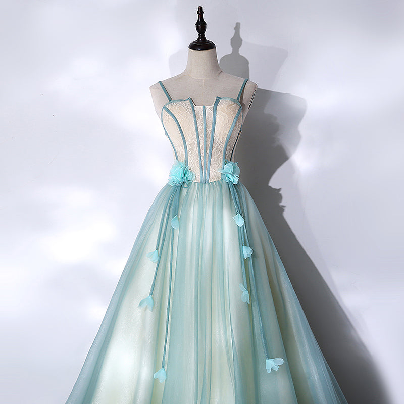 Vestido largo de tul con encaje verde menta para quinceañeras 