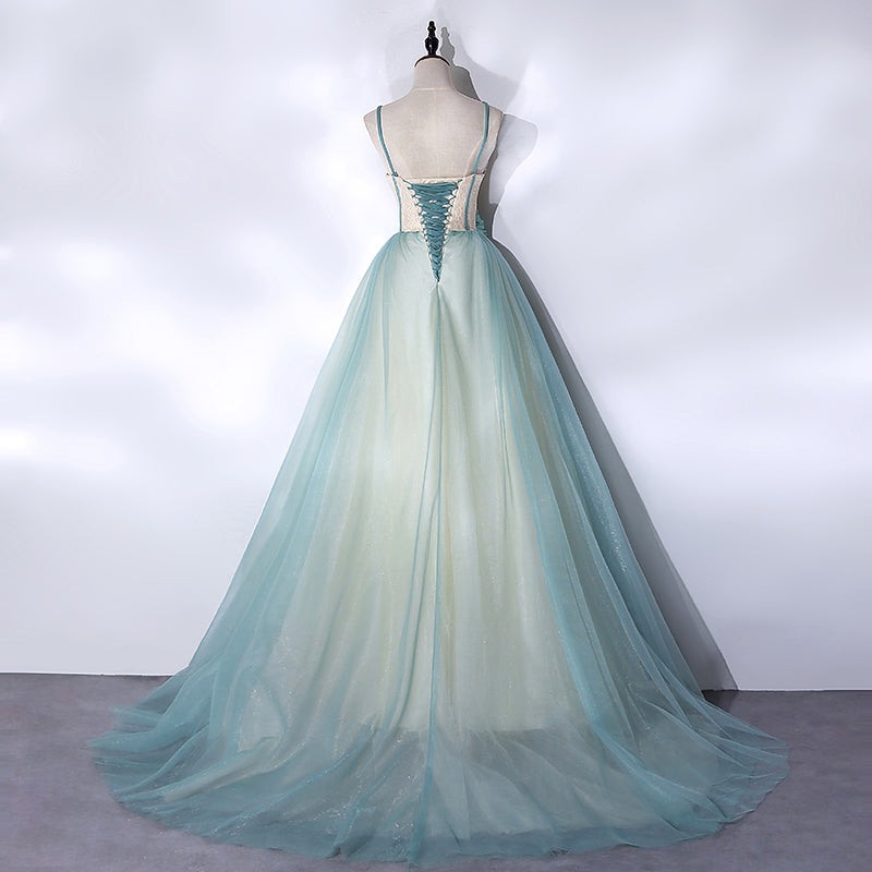 Vestido largo de tul con encaje verde menta para quinceañeras 