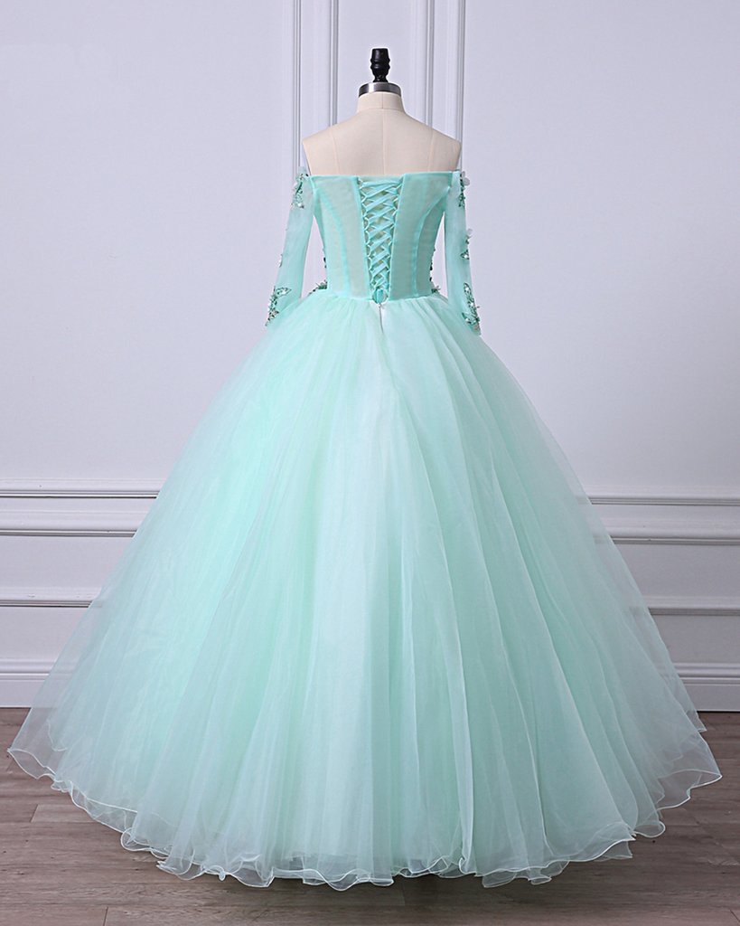 Mint Green Tulle Off Shoulder Long Sleeve Lace Applique Sweet 16 Prom Dress