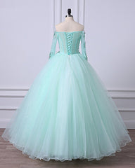 Mint Green Tulle Off Shoulder Long Sleeve Lace Applique Sweet 16 Prom Dress