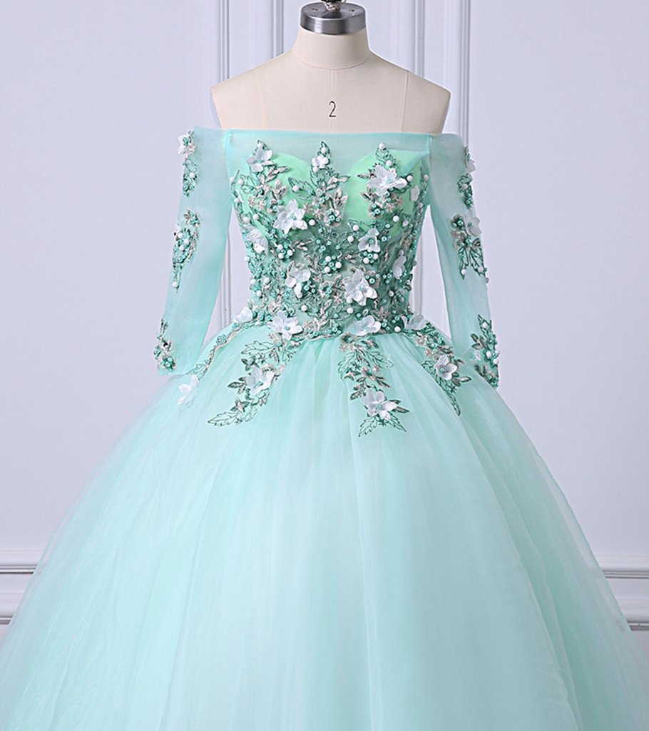 Mint Green Tulle Off Shoulder Long Sleeve Lace Applique Sweet 16 Prom Dress