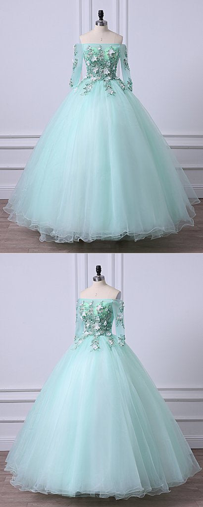 Mint Green Tulle Off Shoulder Long Sleeve Lace Applique Sweet 16 Prom Dress
