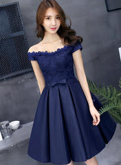 Navy Blue Lace and Satin Off Shoulder Party Dress with Bow