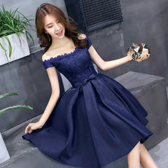 Navy Blue Lace and Satin Off Shoulder Party Dress with Bow