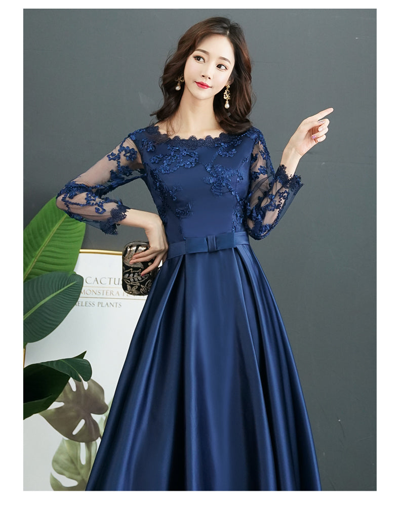 Vestido de dama de honor de satén azul marino, largo hasta la rodilla con encaje y mangas largas 