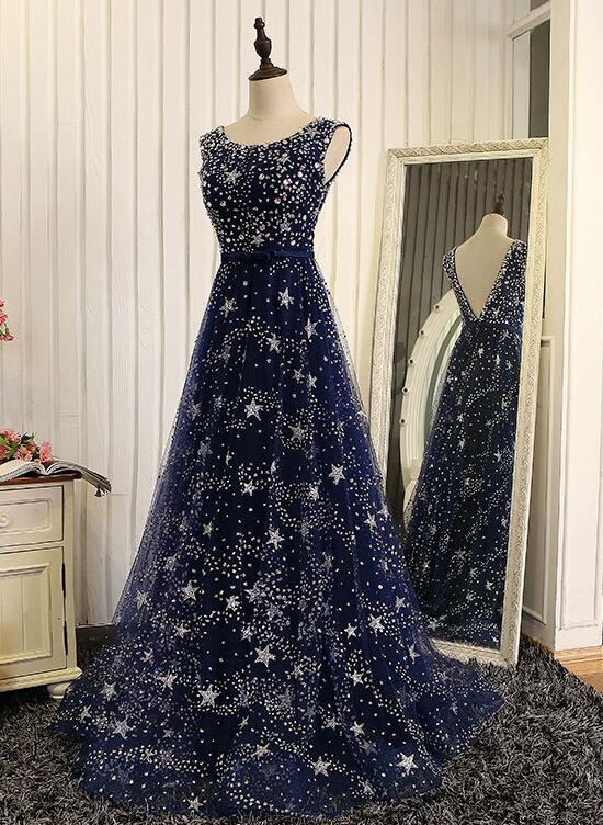 Vestido de fiesta largo de tul azul marino brillante con escote redondo y corte A 