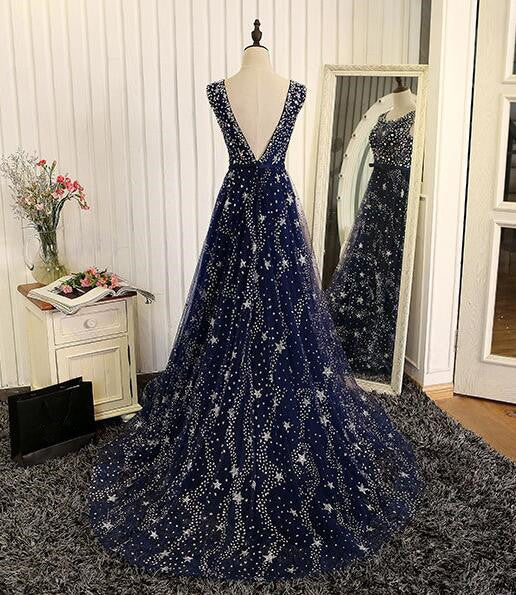 Vestido de fiesta largo de tul azul marino brillante con escote redondo y corte A 