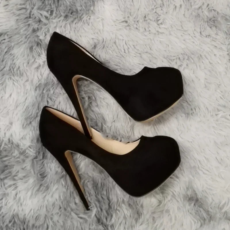 Cross-dresser Men's Platform Pumps Unisex Queen 14cm Sexy Party Nightclub Court Flock Concealed Round Toe High Heels Shoes