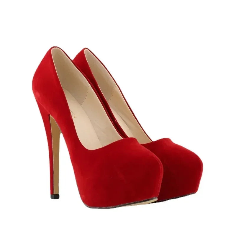 Cross-dresser Men's Platform Pumps Unisex Queen 14cm Sexy Party Nightclub Court Flock Concealed Round Toe High Heels Shoes