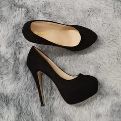 Cross-dresser Men's Platform Pumps Unisex Queen 14cm Sexy Party Nightclub Court Flock Concealed Round Toe High Heels Shoes