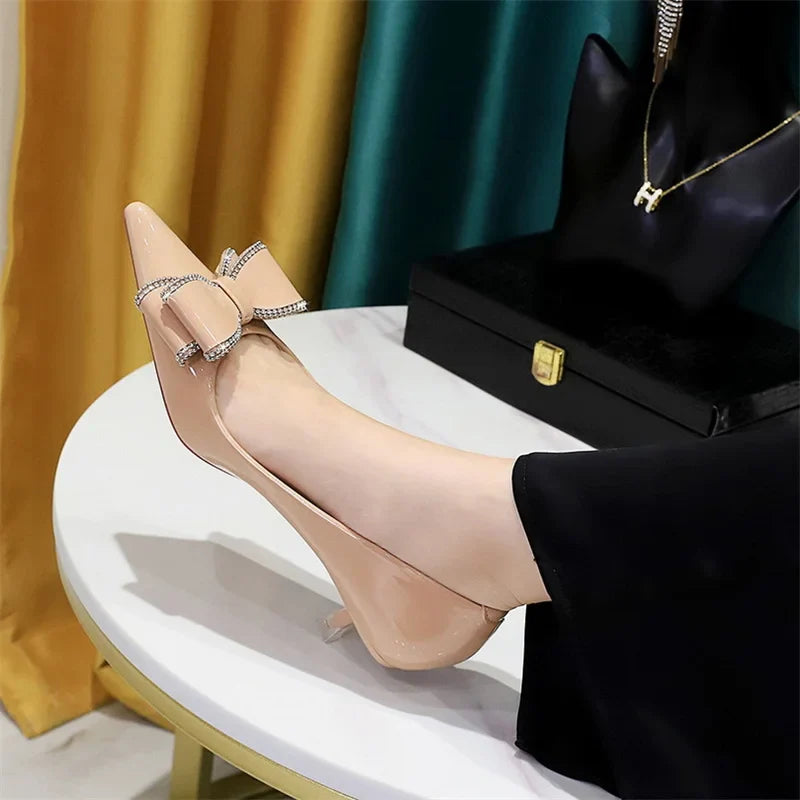 Street Style Patent Leather Rhinestone Butterfly-knot Pumps Pointed Toe Woman Elegant Thin Middle Heel Shoes