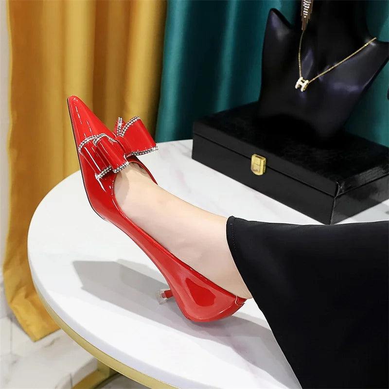 Street Style Patent Leather Rhinestone Butterfly-knot Pumps Pointed Toe Woman Elegant Thin Middle Heel Shoes