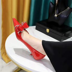 Street Style Patent Leather Rhinestone Butterfly-knot Pumps Pointed Toe Woman Elegant Thin Middle Heel Shoes