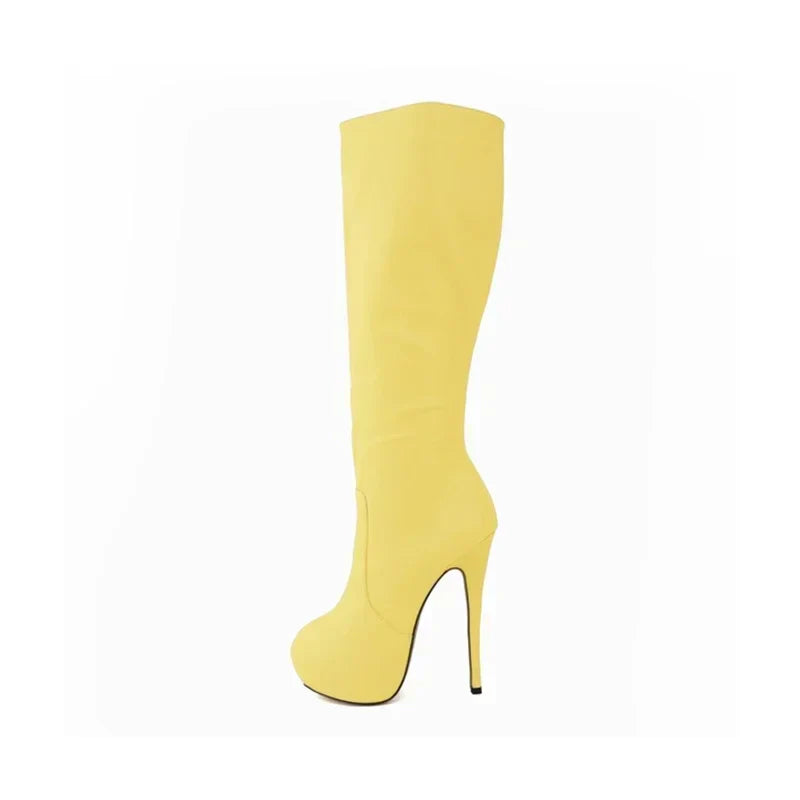 Large Size Boots Autumn Sexy 14cm Super High Heels Long Over Knee Long Boots Leather Round Toe Red Pumps Shoes