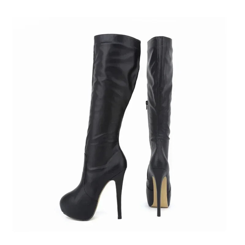 Large Size Boots Autumn Sexy 14cm Super High Heels Long Over Knee Long Boots Leather Round Toe Red Pumps Shoes