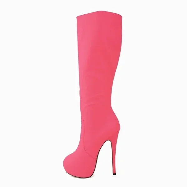 Large Size Boots Autumn Sexy 14cm Super High Heels Long Over Knee Long Boots Leather Round Toe Red Pumps Shoes