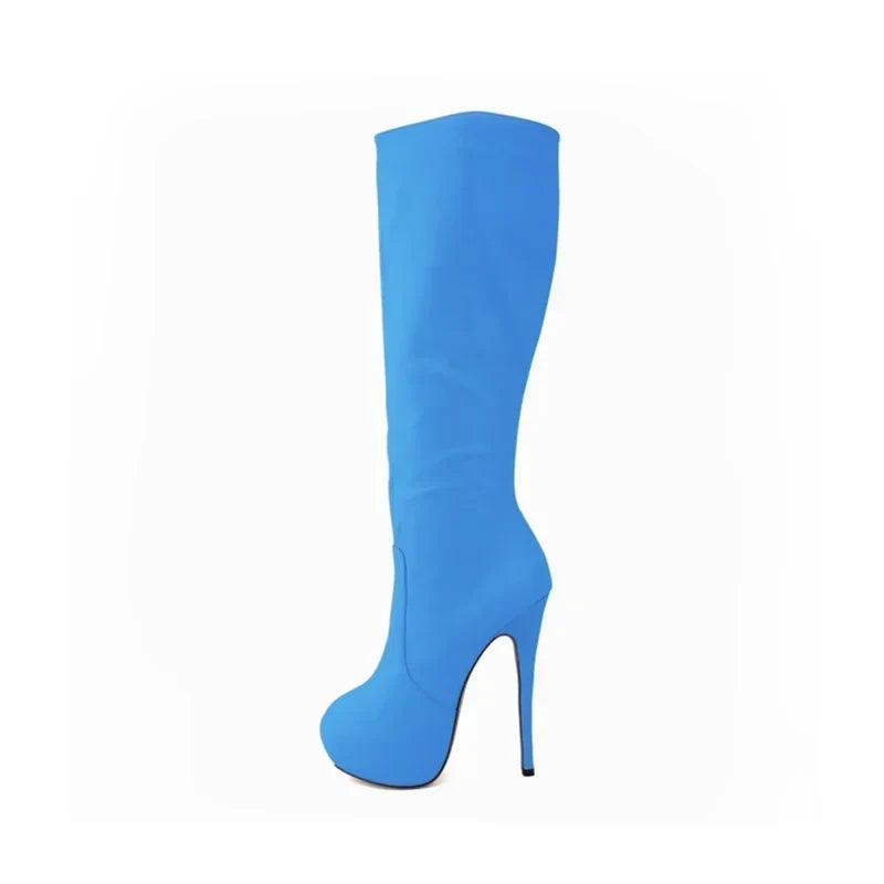 Large Size Boots Autumn Sexy 14cm Super High Heels Long Over Knee Long Boots Leather Round Toe Red Pumps Shoes