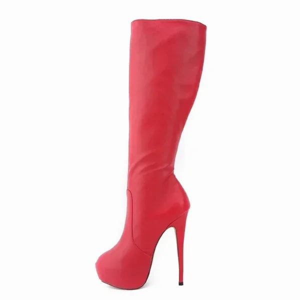 Large Size Boots Autumn Sexy 14cm Super High Heels Long Over Knee Long Boots Leather Round Toe Red Pumps Shoes