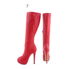 Large Size Boots Autumn Sexy 14cm Super High Heels Long Over Knee Long Boots Leather Round Toe Red Pumps Shoes
