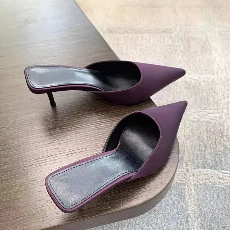 Luxury Pointed Toe Mules Slipper Candy Color Elegant Dress Sandal Square Low Heel Slip on Slides Shoes