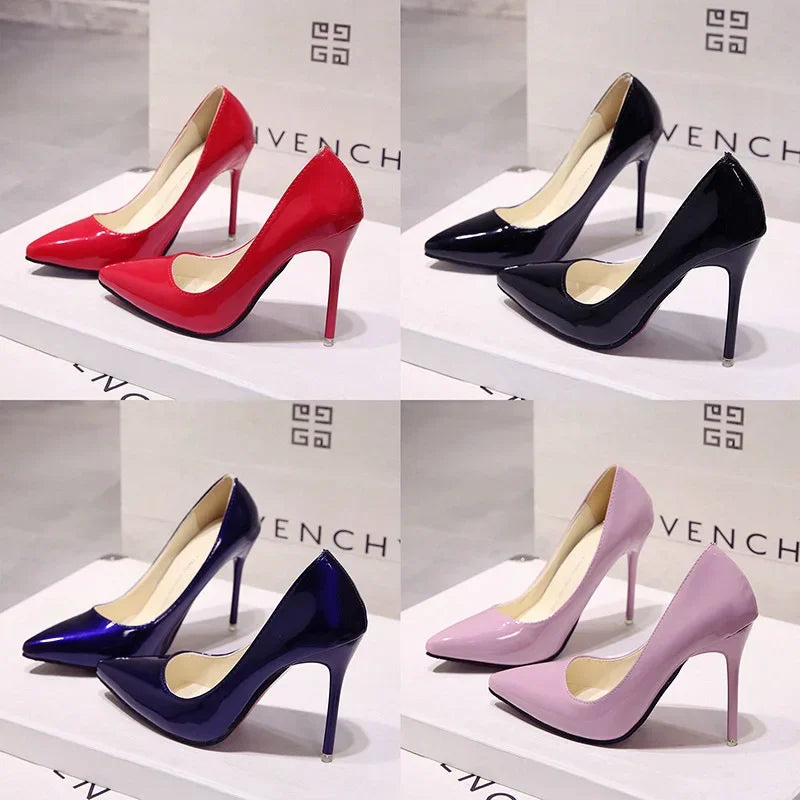 Solid Color Pumps High Heel Shoes Female Patent Leather Sexy Pointed Toe Thin Heel Wedding Shoes Size 44
