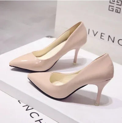 Solid Color Pumps High Heel Shoes Female Patent Leather Sexy Pointed Toe Thin Heel Wedding Shoes Size 44