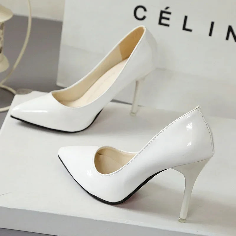 Solid Color Pumps High Heel Shoes Female Patent Leather Sexy Pointed Toe Thin Heel Wedding Shoes Size 44