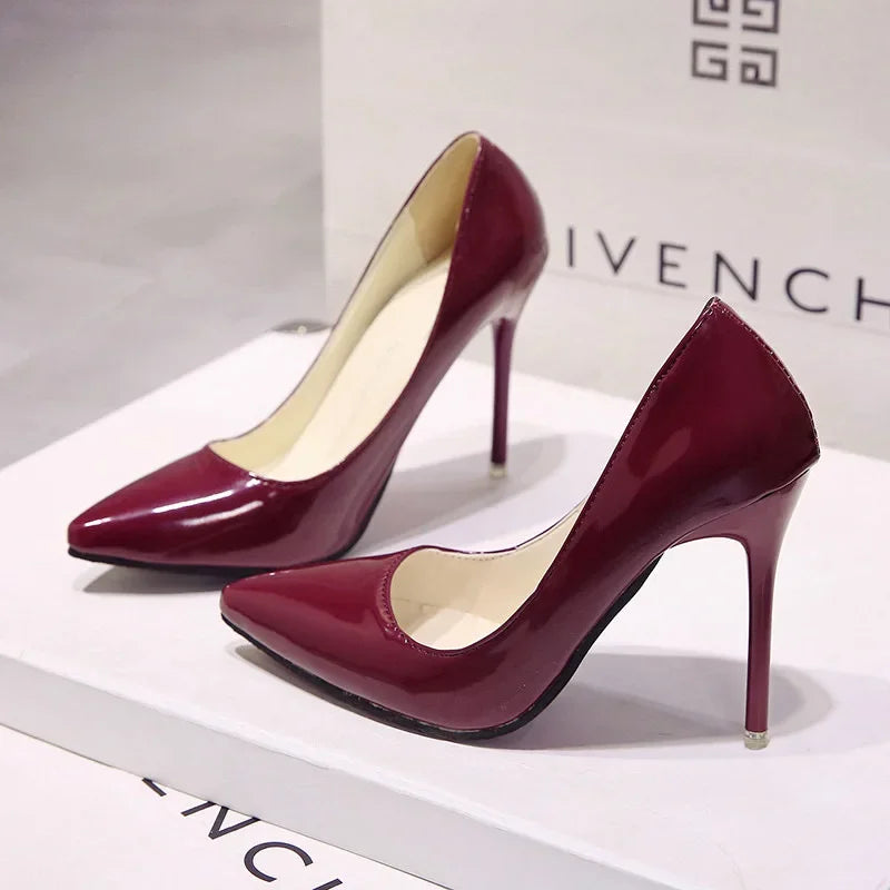 Solid Color Pumps High Heel Shoes Female Patent Leather Sexy Pointed Toe Thin Heel Wedding Shoes Size 44