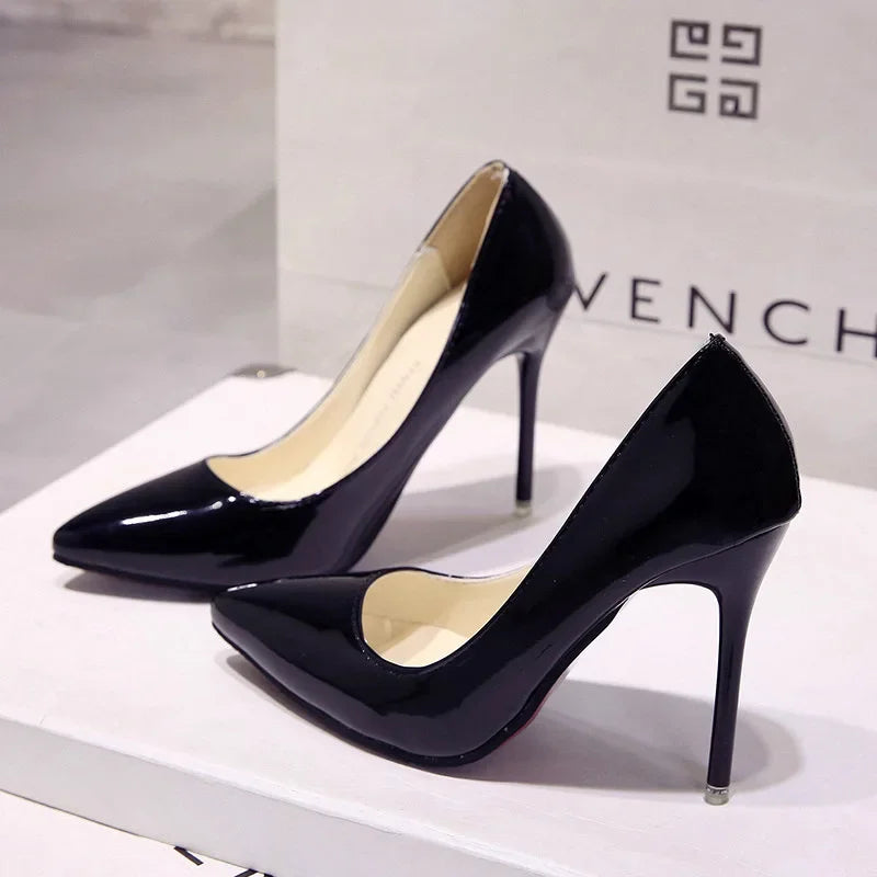 Solid Color Pumps High Heel Shoes Female Patent Leather Sexy Pointed Toe Thin Heel Wedding Shoes Size 44