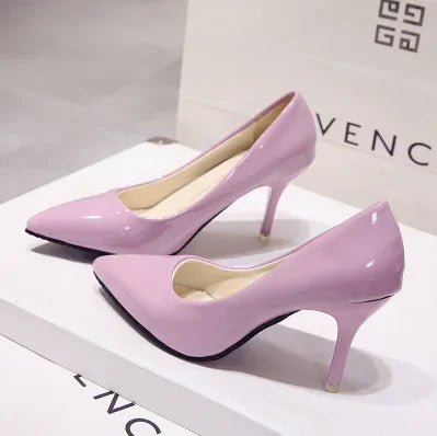 Solid Color Pumps High Heel Shoes Female Patent Leather Sexy Pointed Toe Thin Heel Wedding Shoes Size 44
