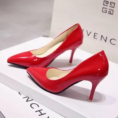 Solid Color Pumps High Heel Shoes Female Patent Leather Sexy Pointed Toe Thin Heel Wedding Shoes Size 44